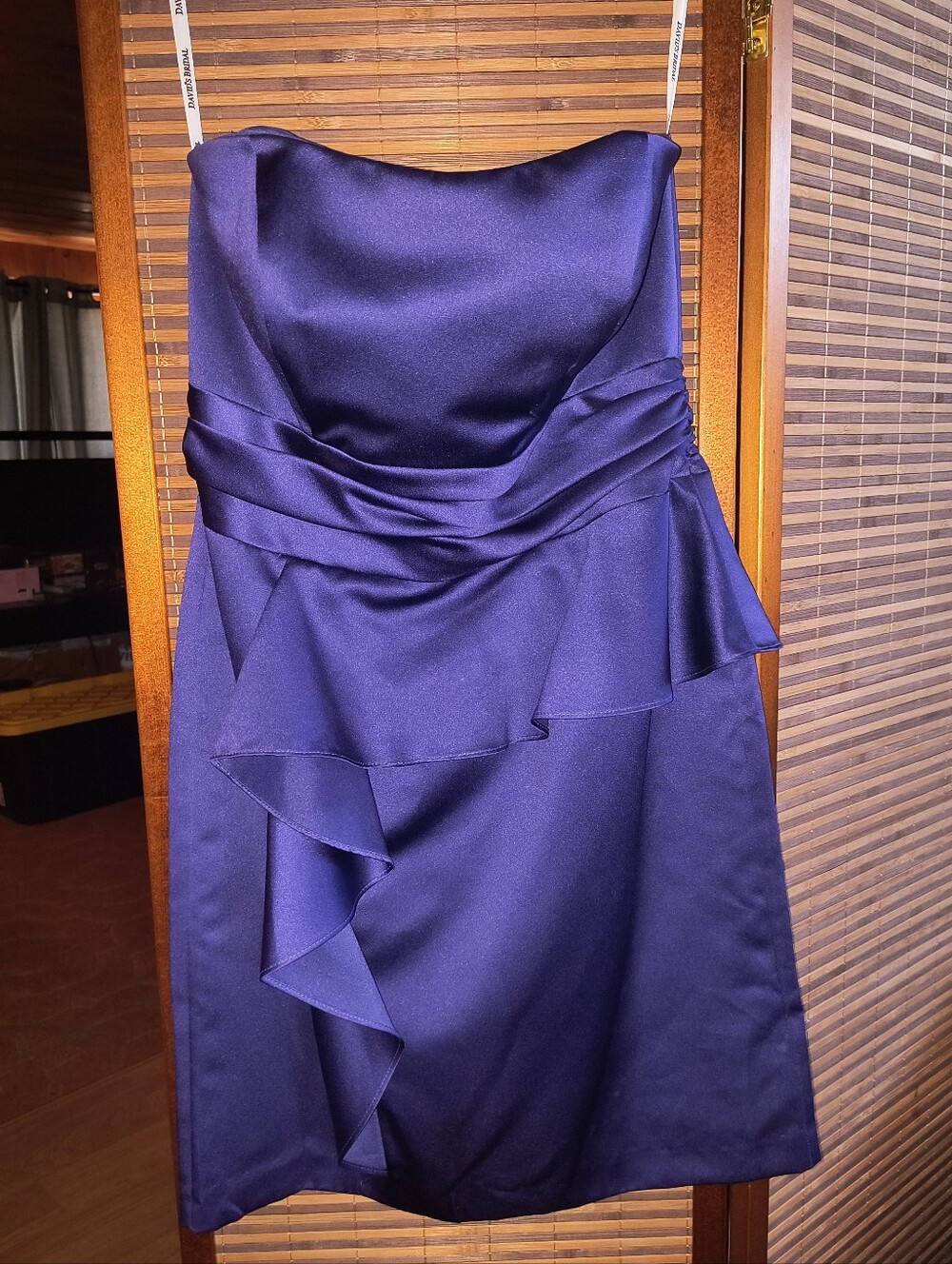 David's Bridal Strapless Satin Ruffle Cocktail Dress in Purple